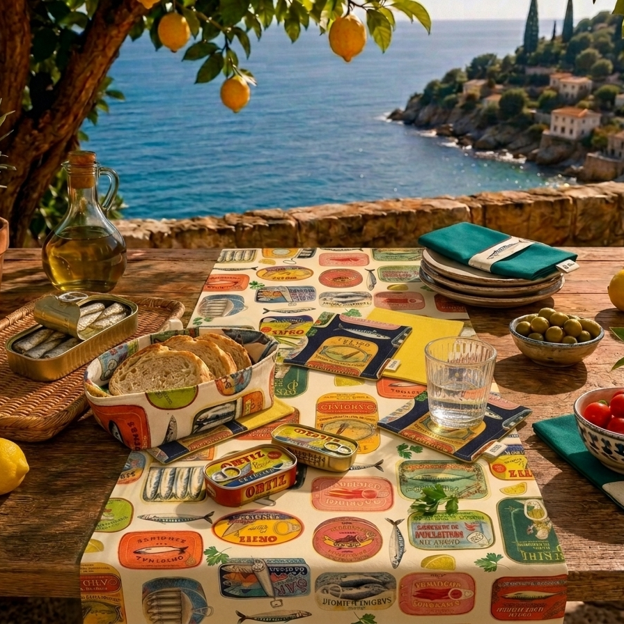 servilletas de coctel azul marino con estampado de latas y reves amarillo combinado con camino de mesa estampado de latas 