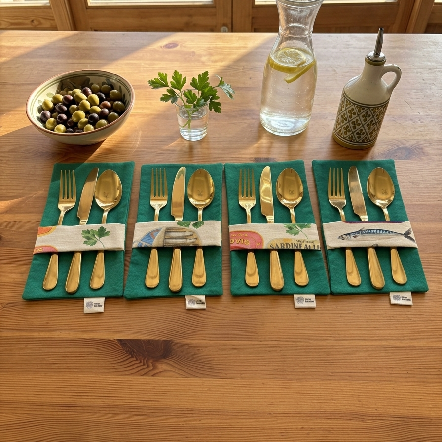 servilleta con guardascubiertos en tejido de algún verde reversible y tira en ella estampada de algodon beige con dibujos de sardinas y latas