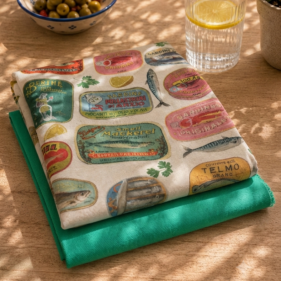 tejidos de algodon combinados estampado de latas y fondo beige y algodon verde 